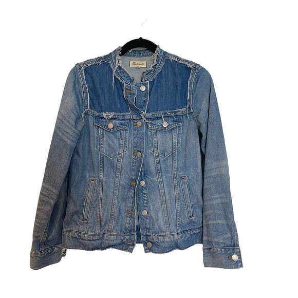 Madewell Distressed Collarless Denim Jackets Thunder Cloud Blue Women's Size M - Picture 6 of 11